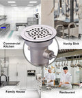 Heavy-Duty Brass Commercial Sink Drain With Twist Handle For Three And A Half Inch Openings in various kitchen settings