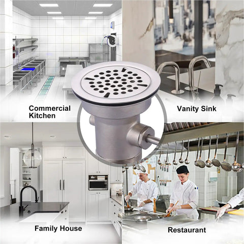 Heavy-Duty Brass Commercial Sink Drain With Twist Handle For Three And A Half Inch Openings in various kitchen settings