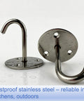 Beefy Heavy Duty Stainless Steel Ceiling Hooks Set with No Drill Wood Mount for kitchens and outdoors, close-up view