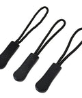 Three black nylon zipper pulls with non-slip gripper from the Black Nylon Zipper Pulls 10 Pack With Non Slip Gripper Two And A Half Inch Universal Zipper Tabs Replacement Fixers For Most Jackets Bags Backpacks Coats Durable And Easy To Install.