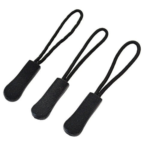 Three black nylon zipper pulls with non-slip gripper from the Black Nylon Zipper Pulls 10 Pack With Non Slip Gripper Two And A Half Inch Universal Zipper Tabs Replacement Fixers For Most Jackets Bags Backpacks Coats Durable And Easy To Install.