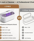 Heavy Duty Ultrasonic Jewelry Cleaner With 30W Output And 48KHz Waves To Crush Embedded Grime, dual UV light and comparison chart shown.