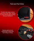 Close-up of 18 Inch By 32 Inch Workbench Mat Durable Black Vinyl Surface Non Slip Grip Oil And Grease Resistant, showcased with tools.