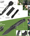 All In One 22 In 1 Survival Kit For Men Your Go To Emergency Gear For Camping Hiking Hunting Disaster Prep Tactical SOS Readiness Waterproof Case Outdoor Adventure Essentials showing multipurpose spork and knife.