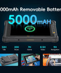 Heavy Duty 8 Inch Windows 11 Pro Rugged Tablet Packed With Honeywell Barcode Scanner showing 5000mAh removable battery stats and usage.
