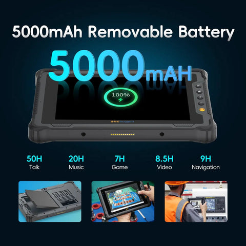 Heavy Duty 8 Inch Windows 11 Pro Rugged Tablet Packed With Honeywell Barcode Scanner showing 5000mAh removable battery stats and usage.
