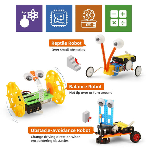 Interactive Robot Building Kit for Kids Ages 8-12 with Balance Robot, Reptile Robot, and Obstacle-Avoidance Robot showcased.