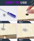 100 Piece Tough As Nails Cam Lock Furniture Connector Kit steps showing screwdriver and fittings for installation in wooden panels.