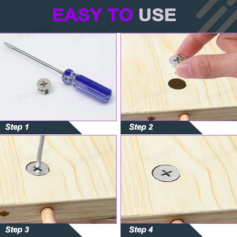 100 Piece Tough As Nails Cam Lock Furniture Connector Kit steps showing screwdriver and fittings for installation in wooden panels.