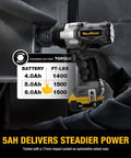 One Half Inch Cordless Impact Wrench Delivers Serious Kick Through A Brushless Motor pumping fifteen hundred ft lbs torque in use.