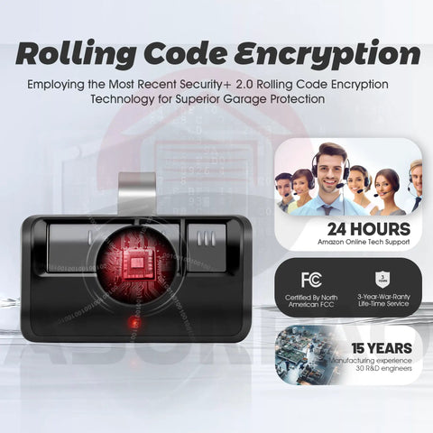 Universal Garage Door Opener Remote 2 Pack That Plays Nice With LiftMaster Chamberlain Sears Craftsman Genie Linear 893Max 893LM Learn Button Openers Since 1993 With Yellow Purple Red Orange Green Learn Buttons showing rolling code encryption feature.
