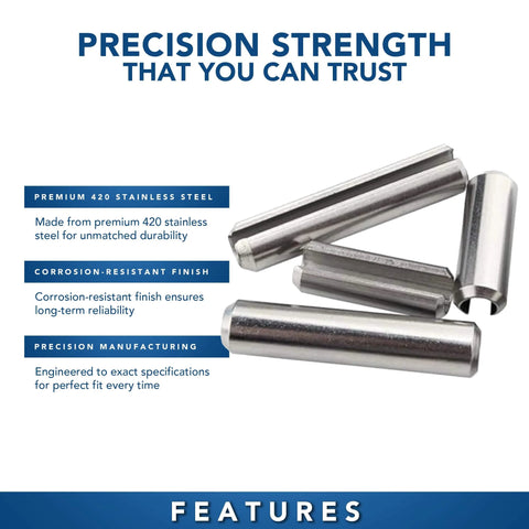 Spring Pin Set And Roll Pin Kit In Stainless Steel 420, Includes Cotter Pins, Dowel Pins, 5/64 x 5/16 Inches, Pack of 25 on display