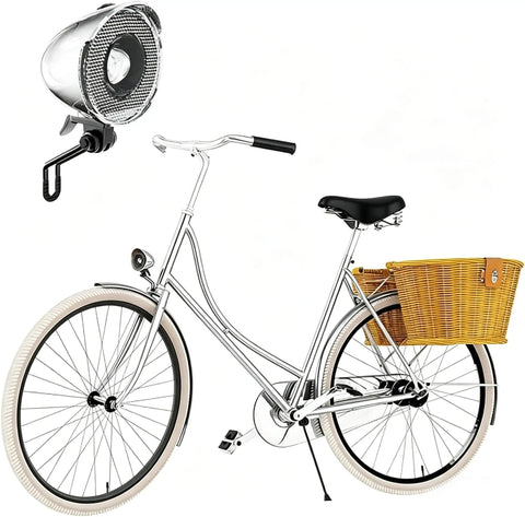 Retro Style 350 Lumen Bike Light Set With Front Headlight And Rear Taillight Reflective Panel For Night Ride Ready Safety And Classic Vintage Look USB Rechargeable Weather Resistant Front And Rear Bike Lights mounted on silver bike.