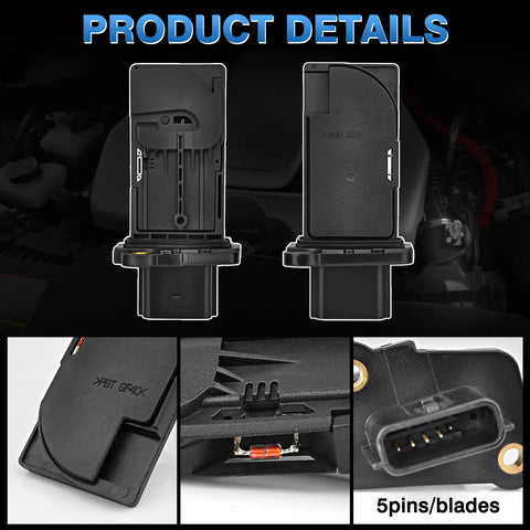 Direct Drop In Mass Air Flow Sensor Fits Nissan Altima Pathfinder Infiniti Q50 Q70 Qx60 2.5L Engines Maf Meter OE 226801mg0a showing product details and pin layout.