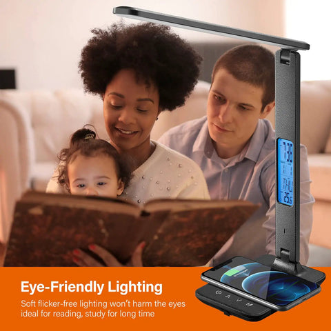LED Desk Lamp With Wireless Charger And USB Port, Clock, Alarm, Date And Temperature Display, LCD Screen lit near family reading