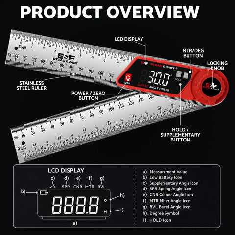 Rock Solid Digital Angle Finder With Built In Miter And Bevel Calculator 7 Inch LCD Screen, stainless steel ruler with digital display.