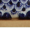 Close-up of Blue White Ceramic Owl Table Lamp base on gold stand, part of Cozy Modern Farmhouse Nightstand Light.
