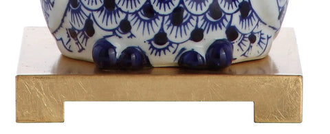 Close-up of Blue White Ceramic Owl Table Lamp base on gold stand, part of Cozy Modern Farmhouse Nightstand Light.
