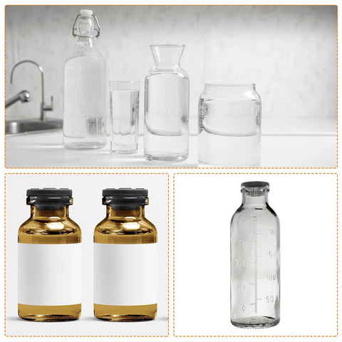 Various types of glass bottles and jars on a kitchen counter, featuring different shapes and sizes for versatile storage solutions