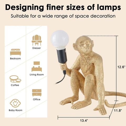 Resin Sitting Monkey Table Lamp With LED Light, Cute Animal Desk Lamp For Living Room, Bedroom, Gold Finish, Handcrafted Decor Accent
