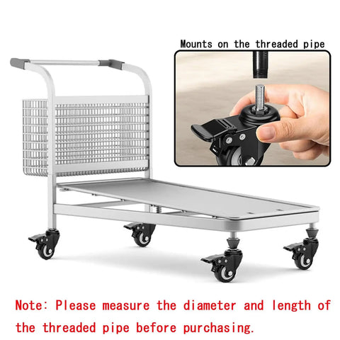 Heavy Duty Silent Polyurethane Swivel Caster Wheels With Threaded Stem And Dual Locking Brakes mounted on a cart with handle.