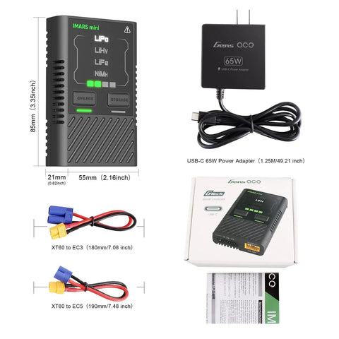 Imars Mini G Tech Charger With 65W Type C PD Adapter, dimensions, cables, and packaging for LiPo LiFe LiHV 2 4S NiMH 2 12S