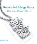 Rotatable Gear Pendant Necklace With Mechanical Steampunk Gears Dope Fidget Jewelry For Anxiety Relief And Stress Interactive Gear Necklace For Men Women Teens The Perfect Gift For Sons Brothers Or Boyfriends displayed with rotatable gears and chain length.