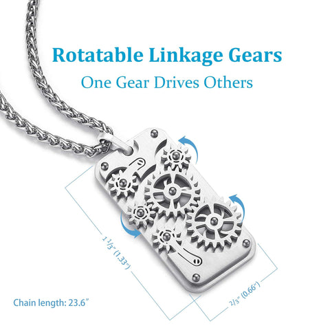 Rotatable Gear Pendant Necklace With Mechanical Steampunk Gears Dope Fidget Jewelry For Anxiety Relief And Stress Interactive Gear Necklace For Men Women Teens The Perfect Gift For Sons Brothers Or Boyfriends displayed with rotatable gears and chain length.