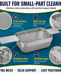 Hella Durable Stainless Steel Fine Mesh Ultrasonic Cleaner Basket, 5X4X3 Inch tray with reinforced joints and fixed handles.