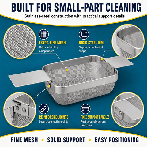 Hella Durable Stainless Steel Fine Mesh Ultrasonic Cleaner Basket, 5X4X3 Inch tray with reinforced joints and fixed handles.