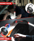 Rechargeable Magnetic LED Work Light 2500mAh Folding Flashlight For Mechanics shown with hanging hook and magnet base