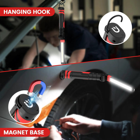 Rechargeable Magnetic LED Work Light 2500mAh Folding Flashlight For Mechanics shown with hanging hook and magnet base