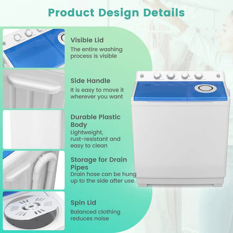 Dual Tub Portable Washing Machine With 30 Lb Wash Barrel And 18 Lb Spinner Drain Pump showing visible lid, side handle, and durable plastic body.