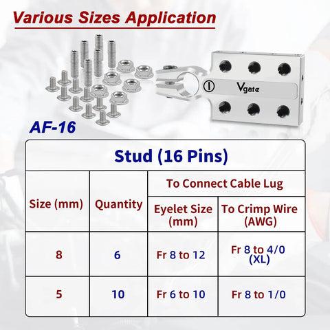 Beefy 16-Way Lead Acid Battery Post Terminal Ends With Distribution Block Bus Bar For 8 AWG Up To 4/0 XL Gauge Positive And Negative For SAE DIN EN Tapered Top Posts, 16-pin stud block with screws