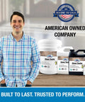 Man standing beside Stone Sealer That Keeps It Tight, Penetrating Water Repellent For All Stone Surfaces, 5 Gallons, product display.