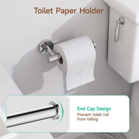 Polished Chrome 4 Piece Bathroom Hardware Set Stainless SUS304 Wall Mounted Includes 24 Inch Towel Bar Toilet Paper Holder Towel Ring And Robe Hook Durable Modern Bath Accessories Easy Install showing toilet paper holder with end cap design.