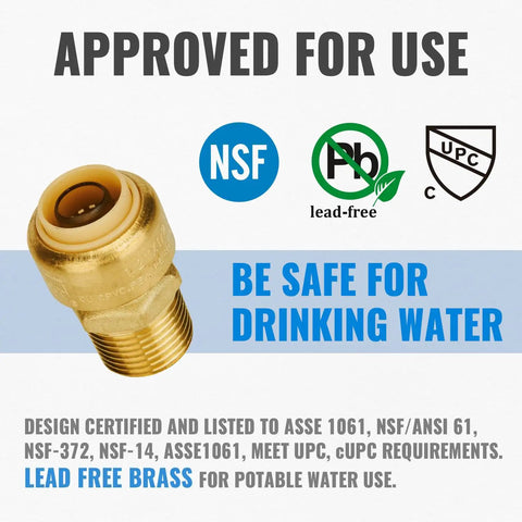 6-Pack One Half Inch By One Half Inch Push-To-Connect Male Adapters DIY Friendly For PEX Copper CPVC with safety certification logos