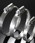 Stainless steel hose clamps; three visible in side view, worm-drive with hex screws, 8–60 mm, 90 pcs set