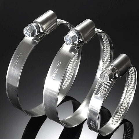 Stainless steel hose clamps; three visible in side view, worm-drive with hex screws, 8–60 mm, 90 pcs set