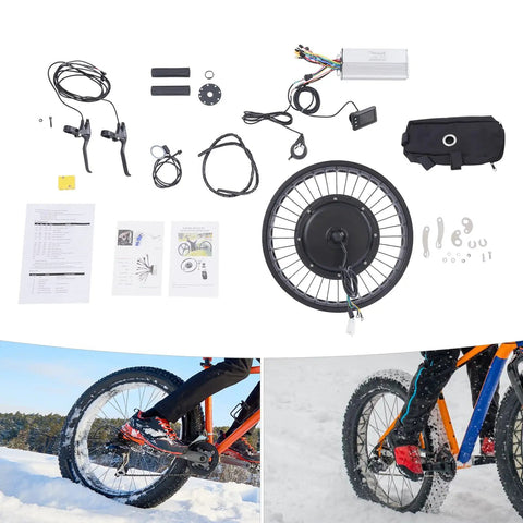 Components of High Power 2000W 48V Electric Bike Conversion Kit With Rear Wheel Hub Motor For 20 by 4 Inch Wheels displayed