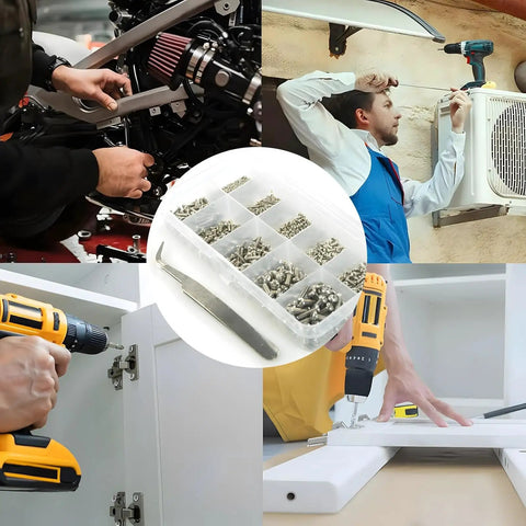 Various uses of Stainless Steel Phillips Pan Head Screw Set With Complete Tool Kit And Storage Box, M1 to M3 assortment visible.