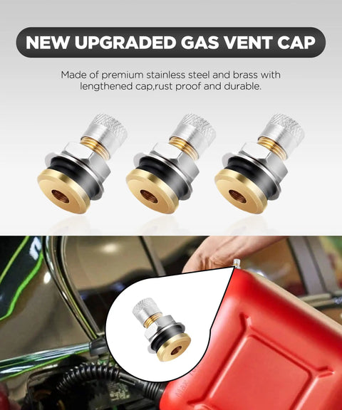 Three metal gas vent caps in stainless steel and brass, shown with red gas can; Six Pack Gas Tank Vent Caps Kit With Drill Bit And Wrenches Leak Proof Metal Gas Can Vent Caps To Improve Flow Exhaust Vent Valve Kit For Faster Refills And Safer Fuel Handling.