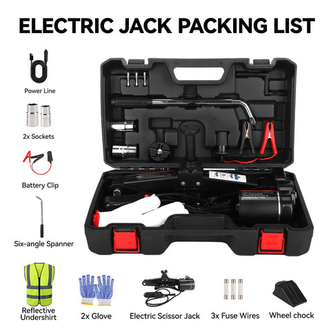 Premium 10 In 1 Electric Scissor Jack With Enhanced Safety And 3 Ton Capacity One Button Easy Lift Portable Auto Lift Kit For Sedans And SUVs Automatic 12V Tire Change And Quick Repair Kit For Emergencies shown with accessories in black case