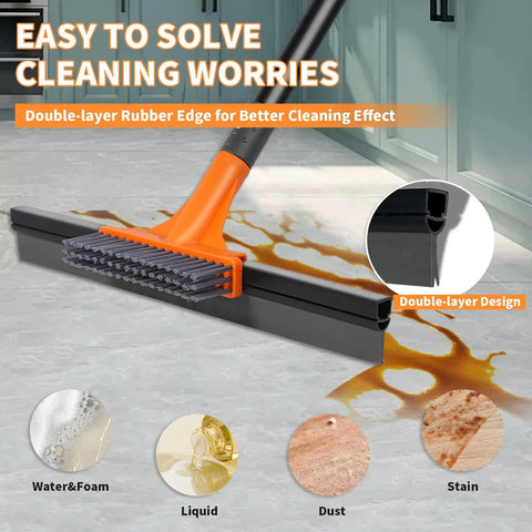 Heavy Duty 2-In-1 Floor Squeegee Workhorse with 16-Inch Rubber Blade and 6-Inch Scrub Brush for streak-free water removal.