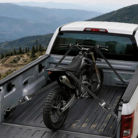 Heavy Duty Ratchet Straps 1.5 Inch By 15 Feet Locking S Hooks 5208 Lbs Break Strength securing a motorcycle in a truck bed.