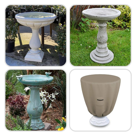 Winter Round Bird Bath Cover For Outdoor Use, waterproof UV resistant beige cover on garden bird bath, 24-inch diameter