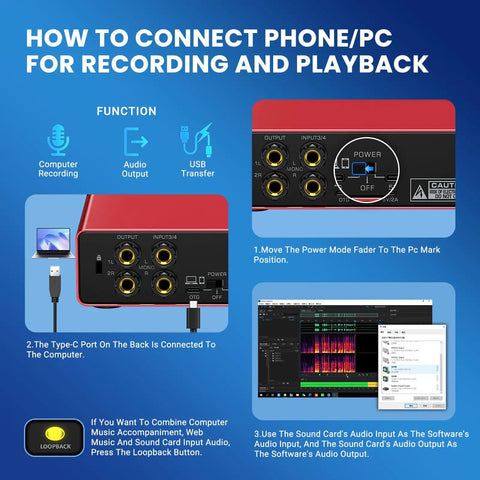 Diagram showing setup of 4 In 2 Out USB Audio Interface With 48V Phantom Power 24Bit 192kHz Recording Quality with PC connection.