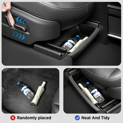 Drawer-style under-seat storage with water bottle for Ten Piece Center Console Organizer For Model Y Juniper 2025 2026