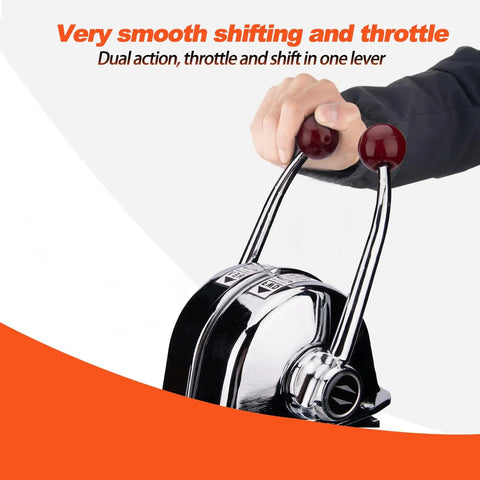 Universal Twin Lever Boat Throttle And Shift Control Top Mount With Beefy Zinc Alloy Dual Handles For Inboard Outboard Or IO Power Boats Smooth Dual Action Throttle And Gear Control For Two Engines, viewed from right side showing red dual handles, stainless steel body.