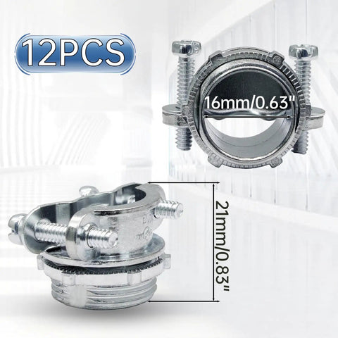 Rock Solid 12 Piece One Half Inch Clamp Cable Connectors No Sweat Zinc Alloy Quick Install showing 16mm clamp size and details.